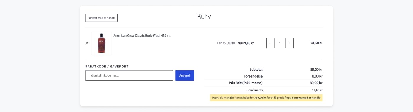 Et check-out-flow, der viser hvor meget mere du skal købe for for at få gratis fragt