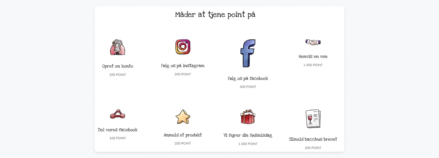 Oversigt over hvordan du kan optjene point til Bacchus' loyalitetsprogram