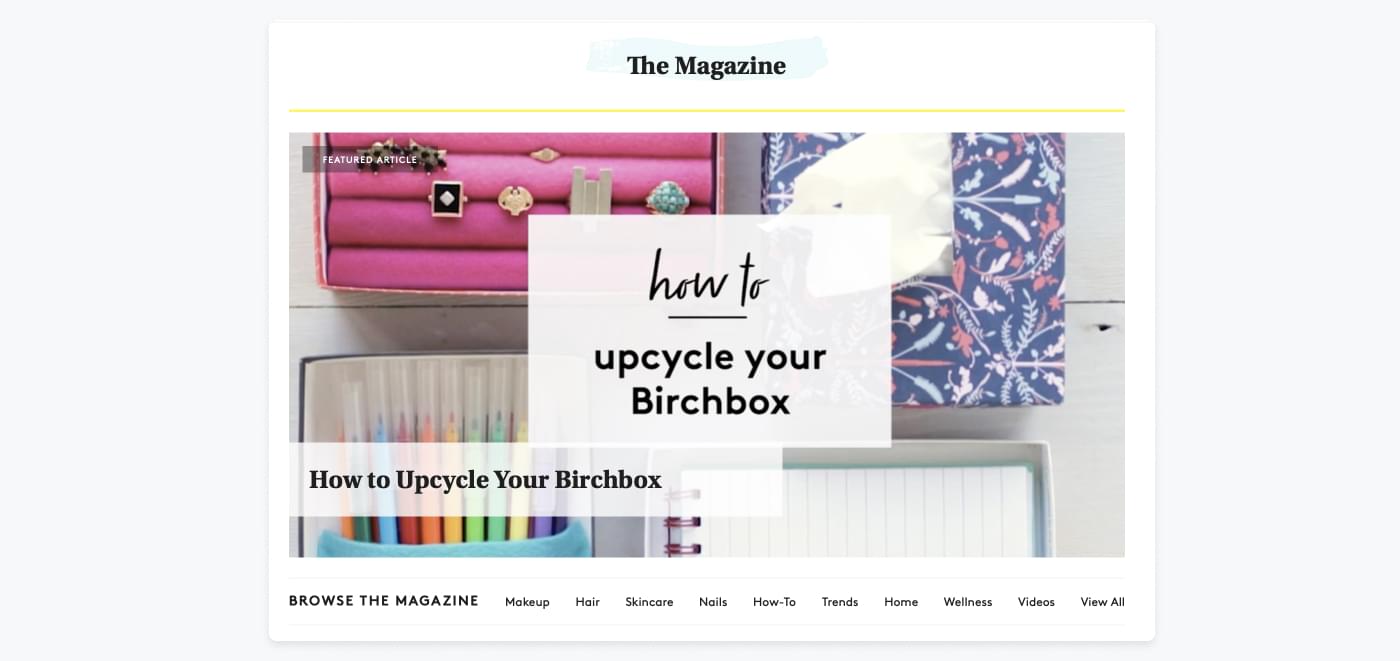 Toppen af BirchBoxs blog 'the Mag', hvor de deler tips om makeup og hudpleje.