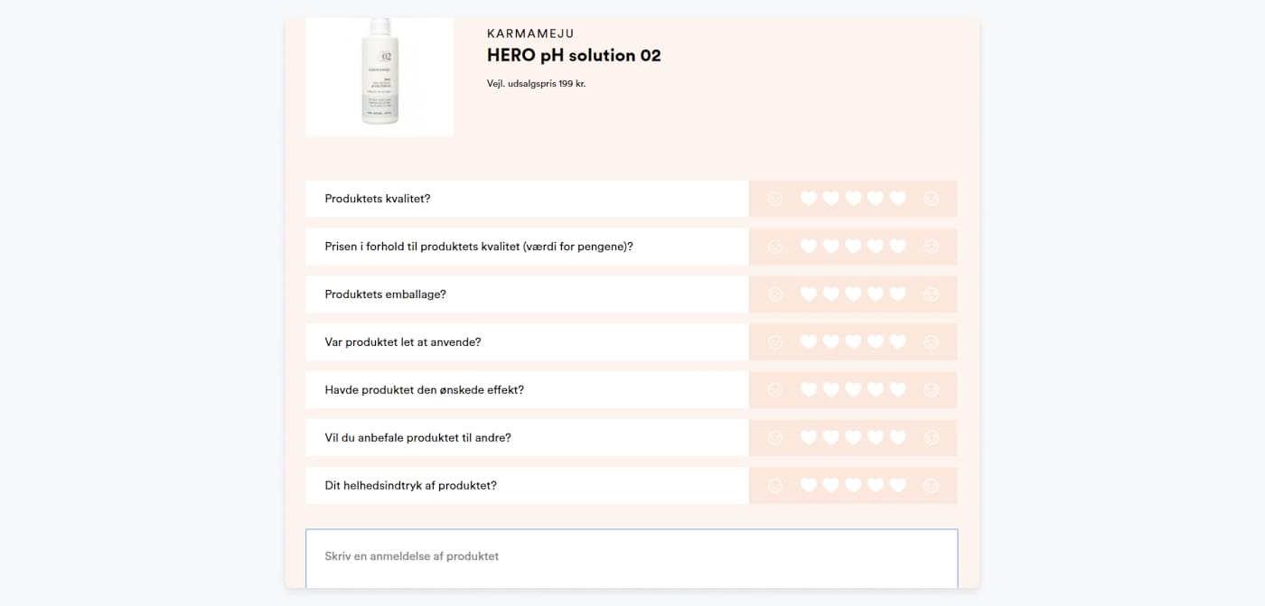 Goodieboxs interface til produktanmeldelser, hvor kunder kan rate produkter og skrive en kommentar.