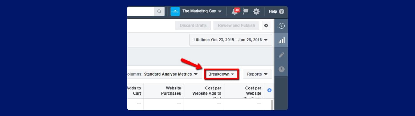 screenshot from Facebook ads of how to find breakdown