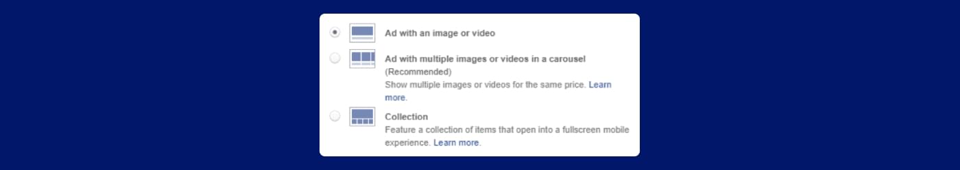 overview of different visual elements available on Facebook Ads