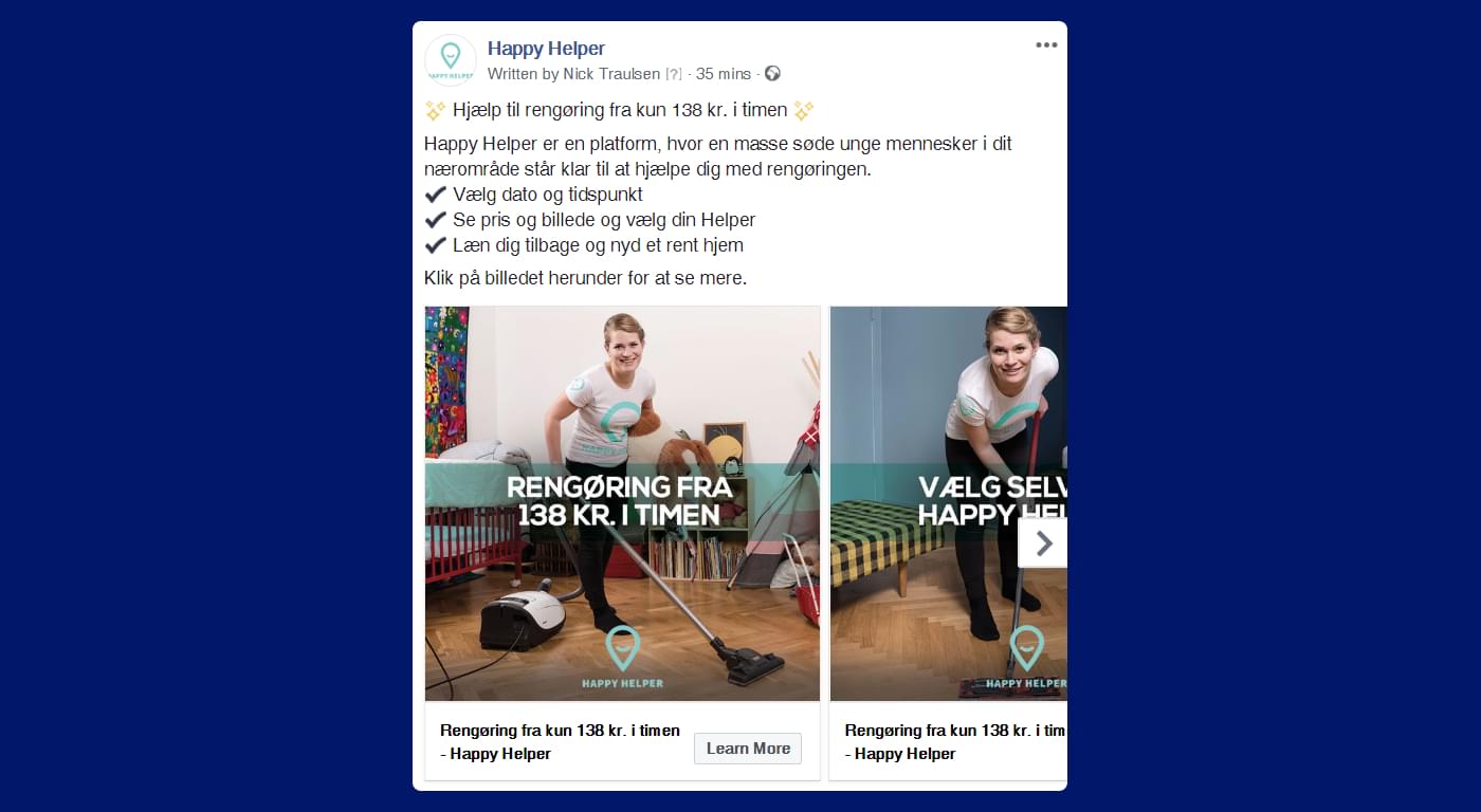 Screenshot af Happy Helped annonce med kvinde, der støvsuger
