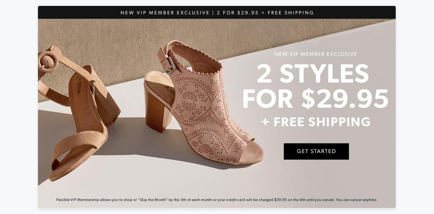 New VIP member exclusive campaign from JustFabs website promoting two pairs of shoes for $29.95.