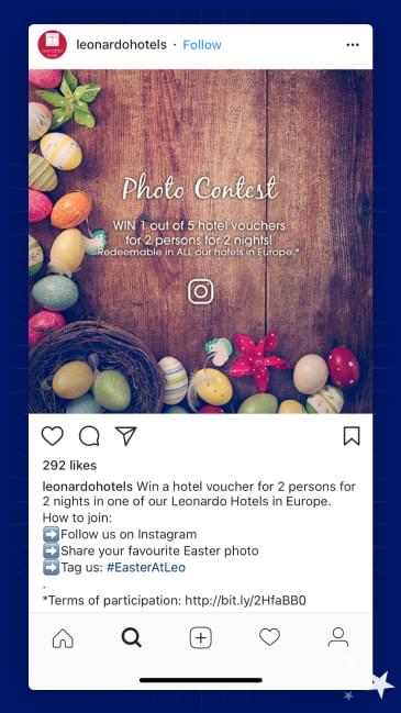 Instagram post where Leonardo Hotels share their Easter hashtag