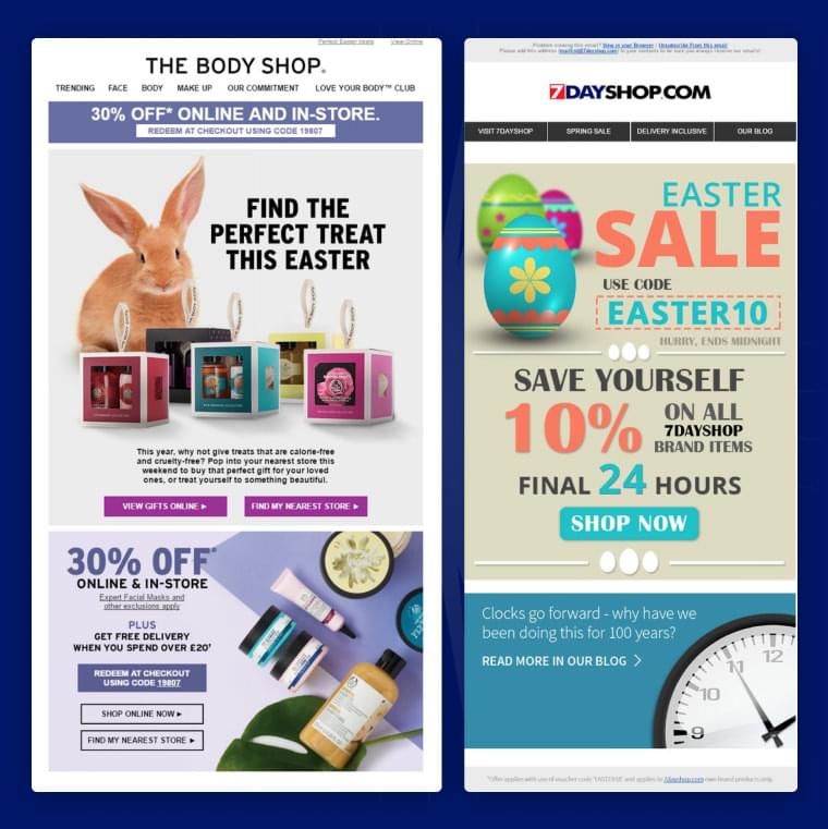 Examples of Easter emails from The Body Shop and Dayshop.com