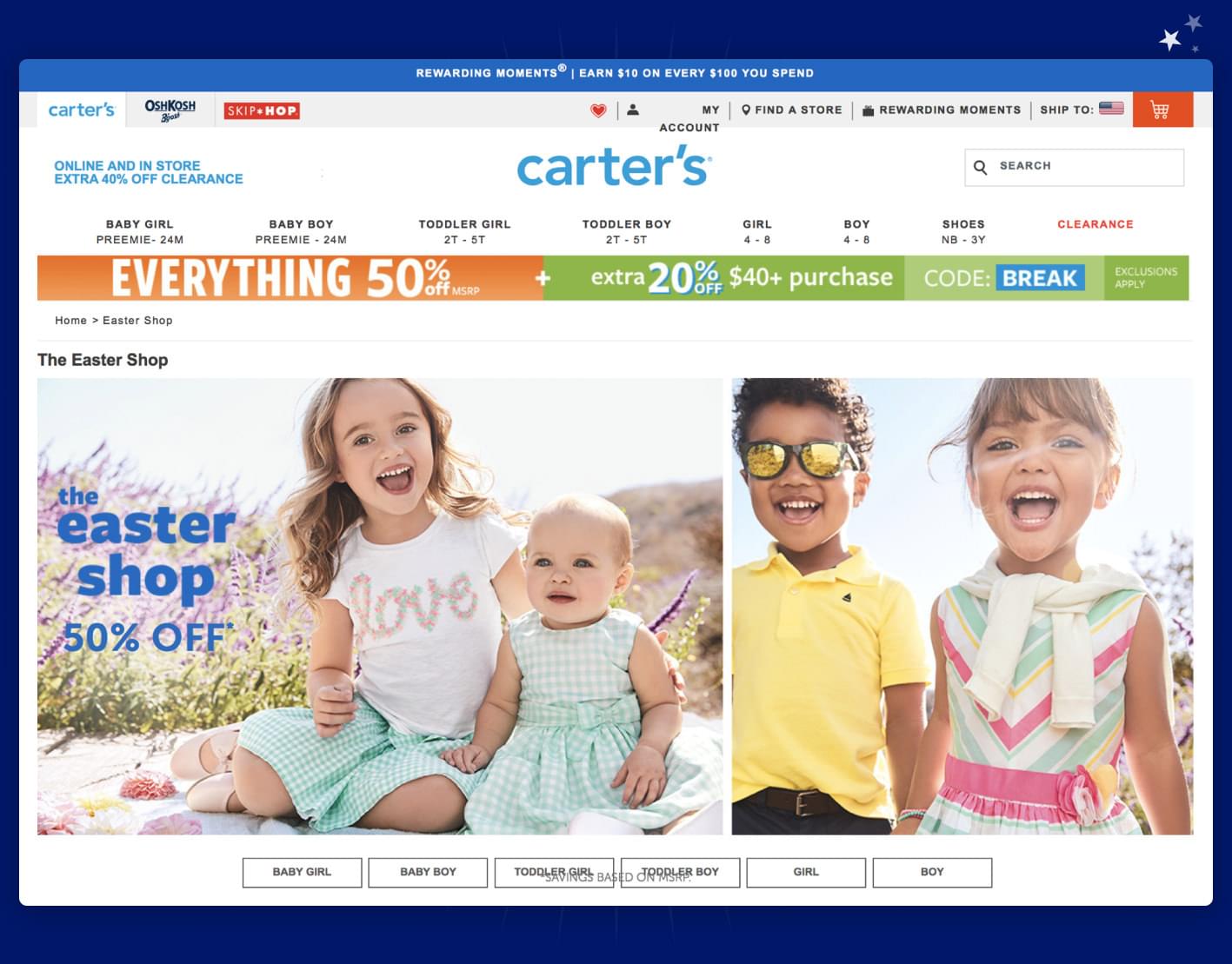 Screenshot af Carter's webshop med særlige påsketilbud