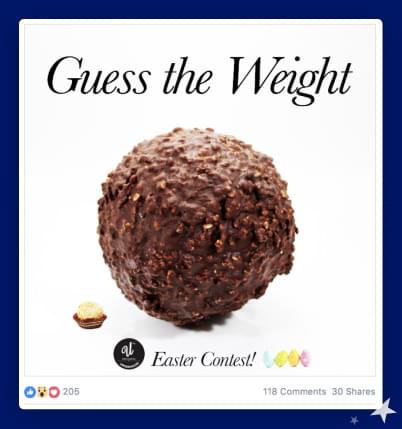 Screenshot fra Facebook-annonce hvor besøgende skal gætte vægten på noget chokolade
