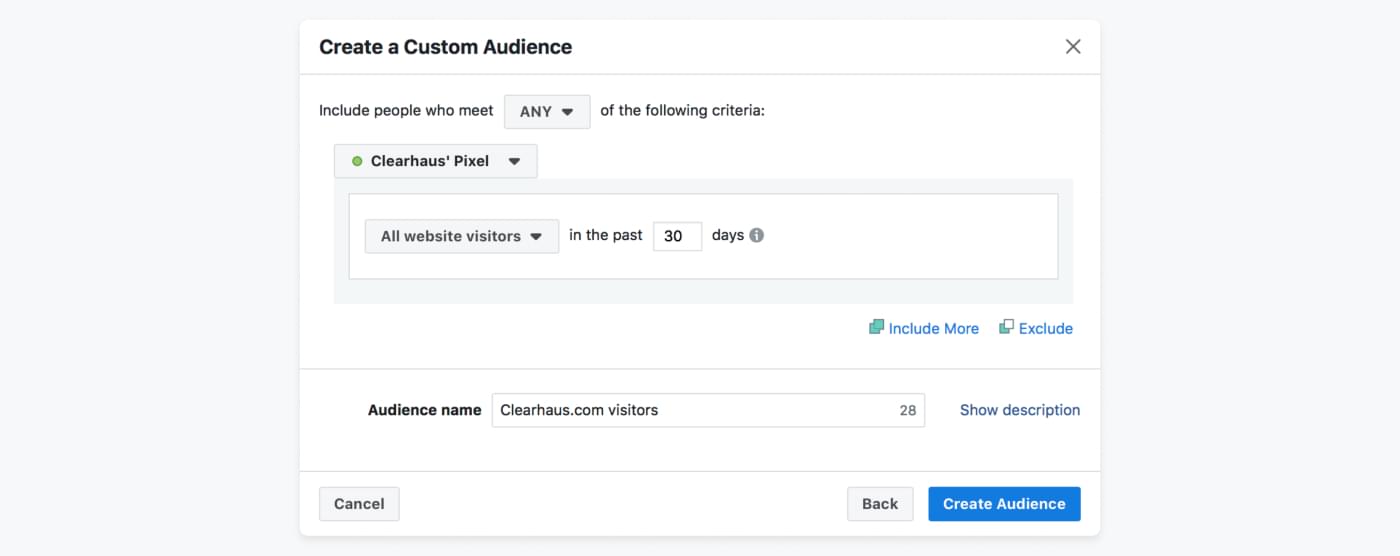 Screenshot from Facebook Ads on how to create custom audience