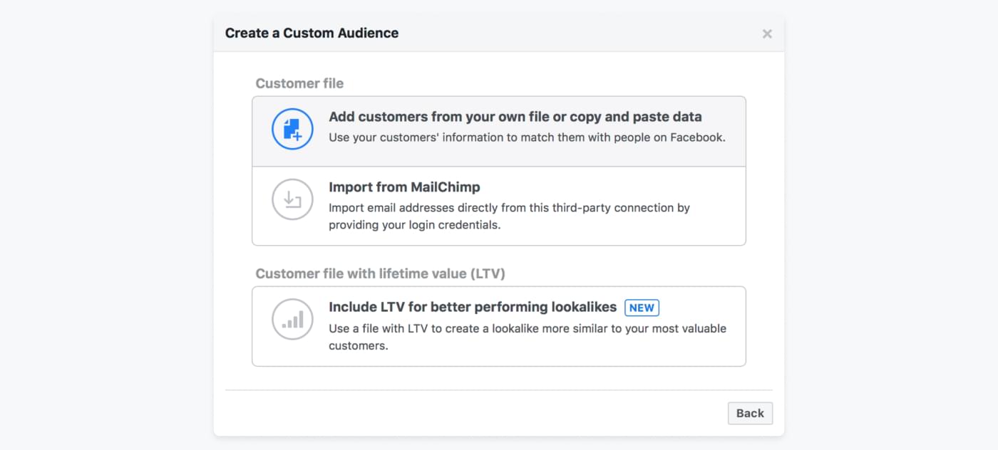 Screenshot from Facebook Ads of how to create audience based on mailing list