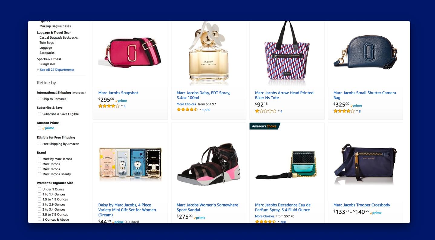High-quality product images of perfumes, bags, and shoes