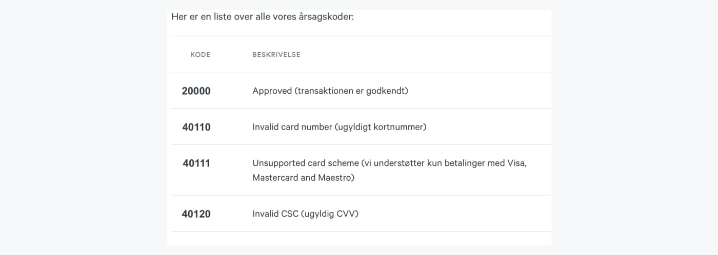 Udsnit af en liste over mulige reason codes, som fortæller hvorfor en betaling er blevet afvist.