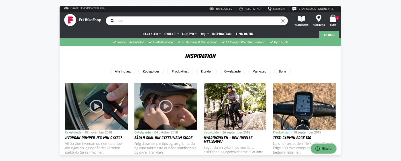 FriBikeshop's inspiration page with tips, guides, and product reviews