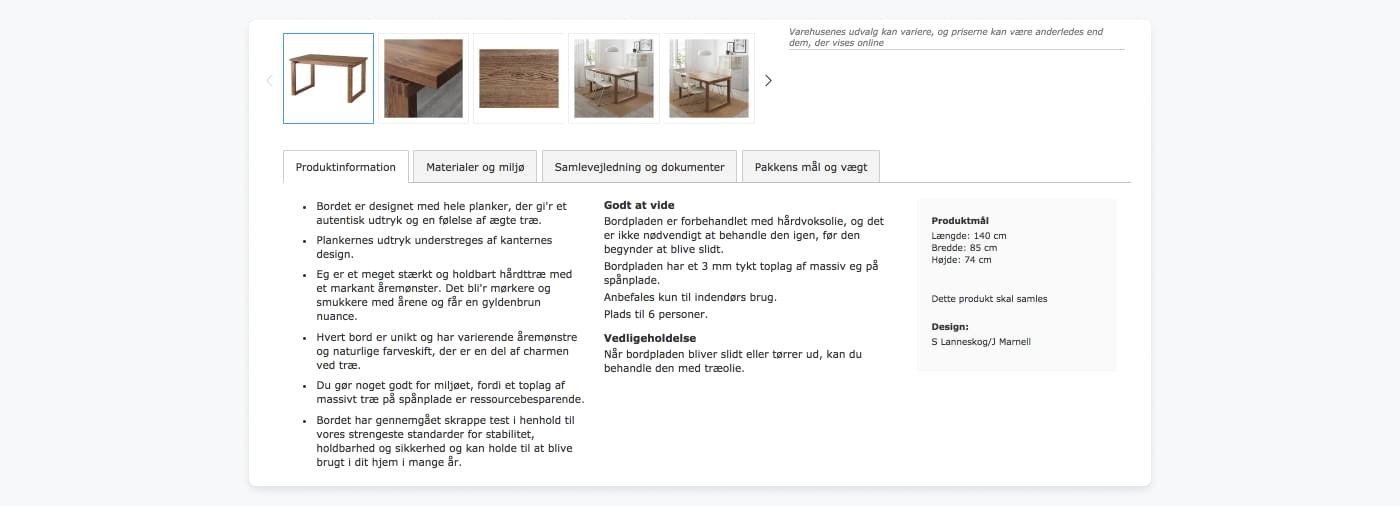 Screenshot af IKEAS grundige produktbeskrivelse for et træbord