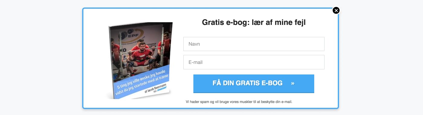 Eksempel på gated content, hvor man kan downloade e-bog om styrketræning