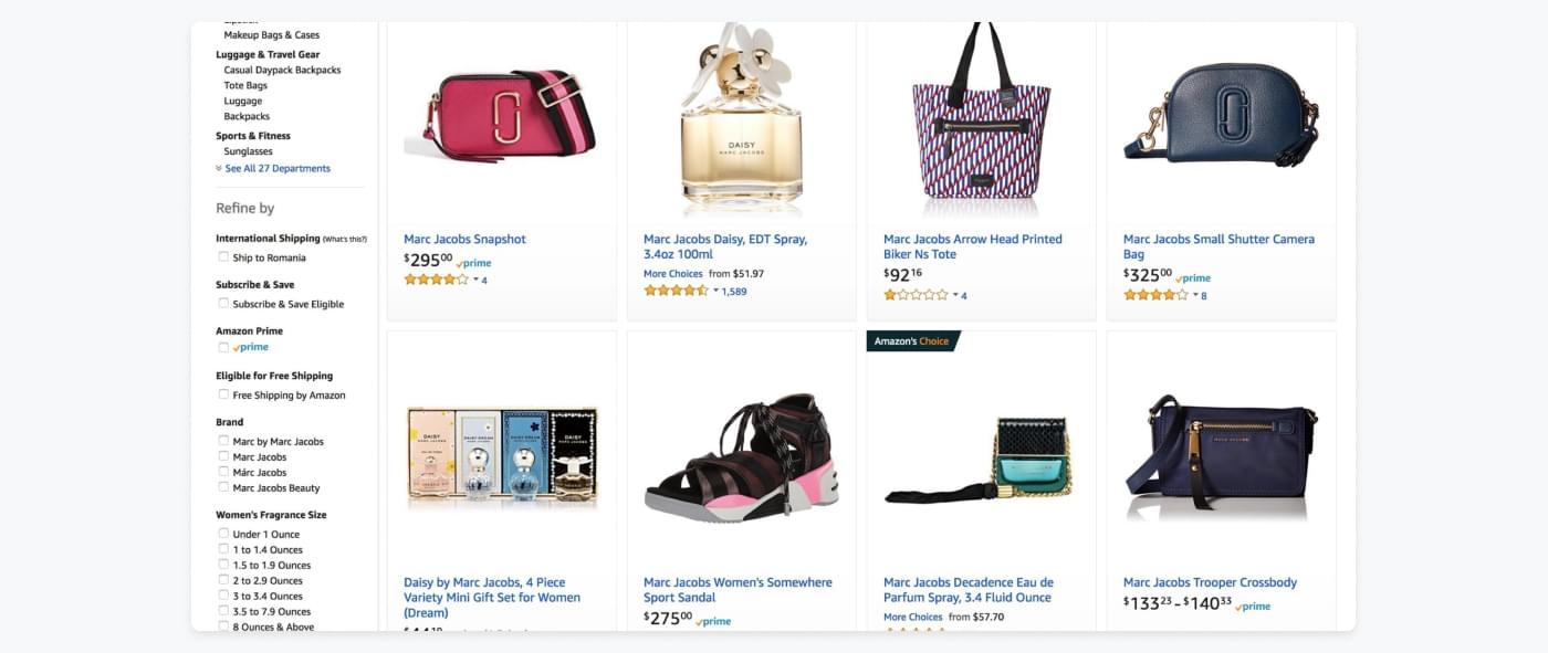 High-quality product images of perfumes, bags, and shoes