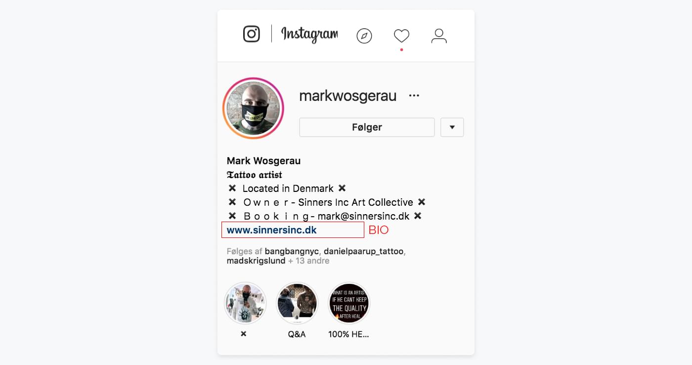 Mark Wosgerau's Instagram profile with a link i bio