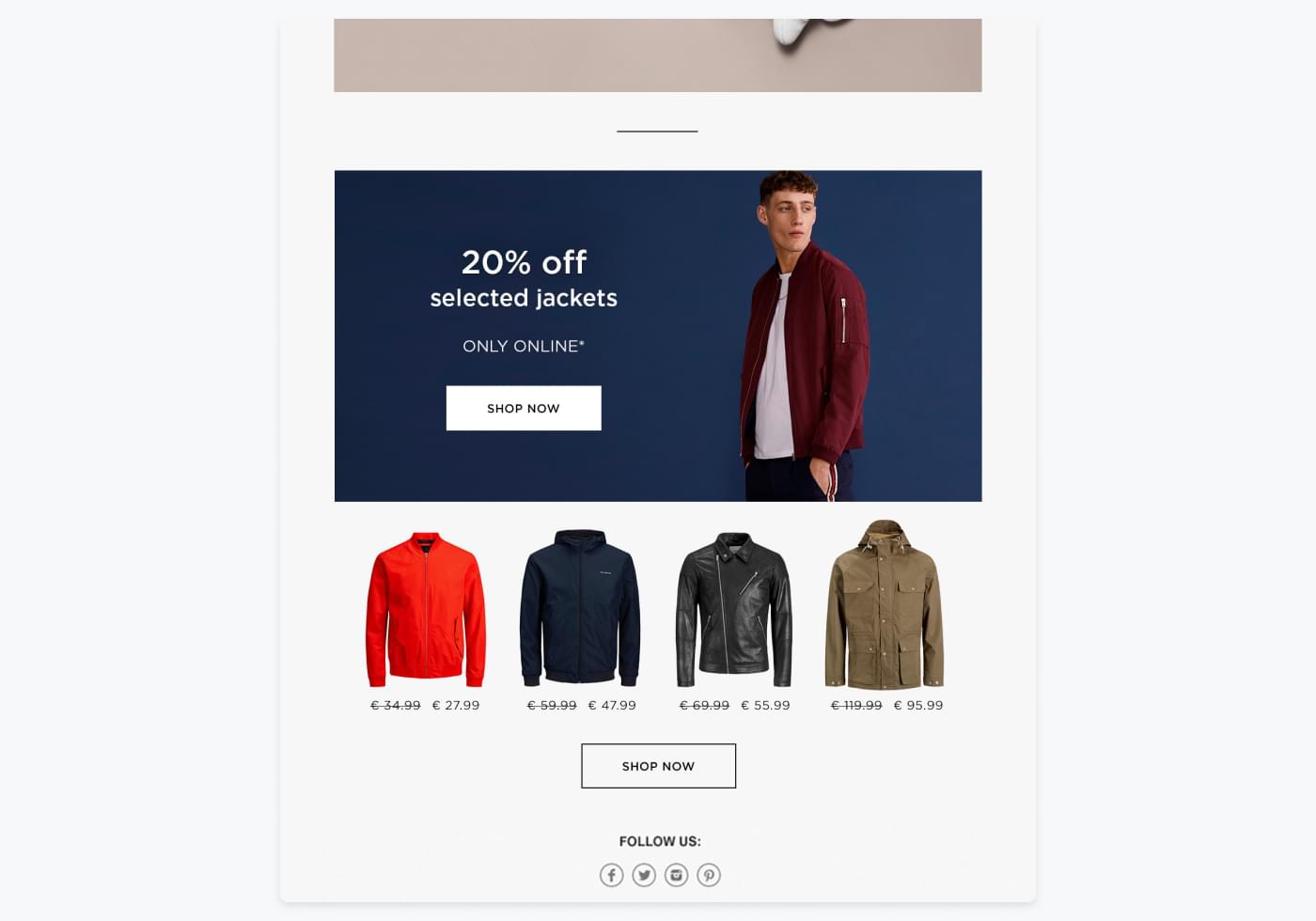 snippet from JACK & JONES' newsletter with 20% off jackets