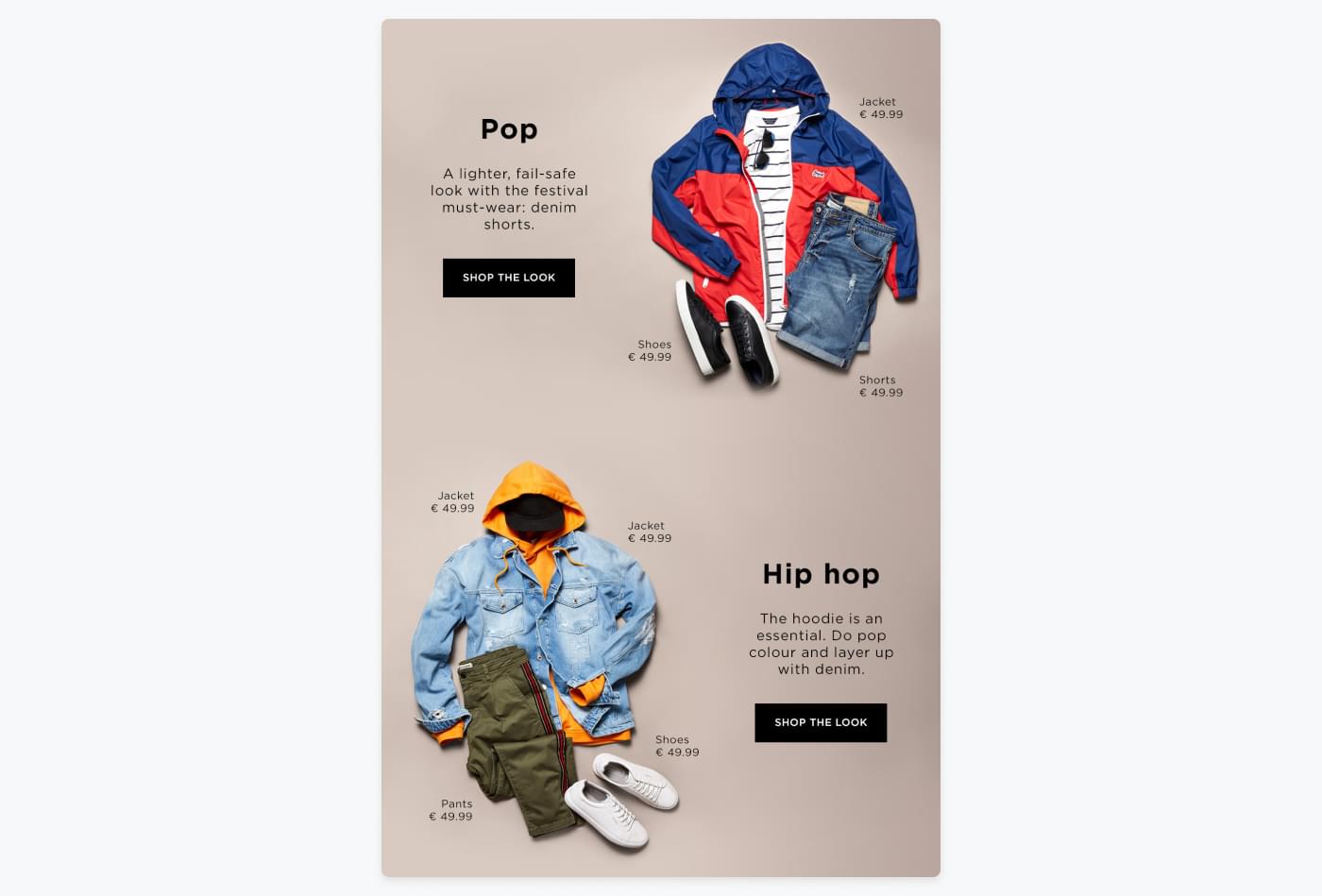 snippet from JACK & JONES' newsletter with suggestion for different outfits