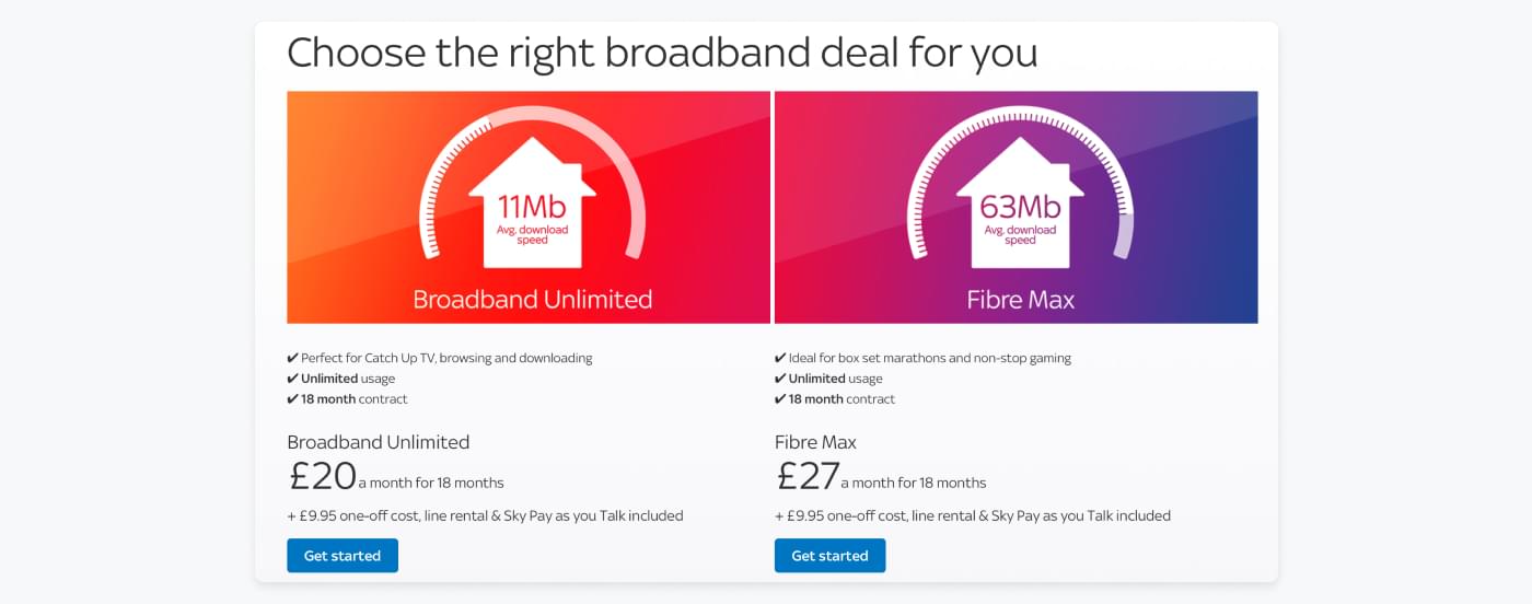 Example of Skys two different broadband options that fulfil different customer needs.