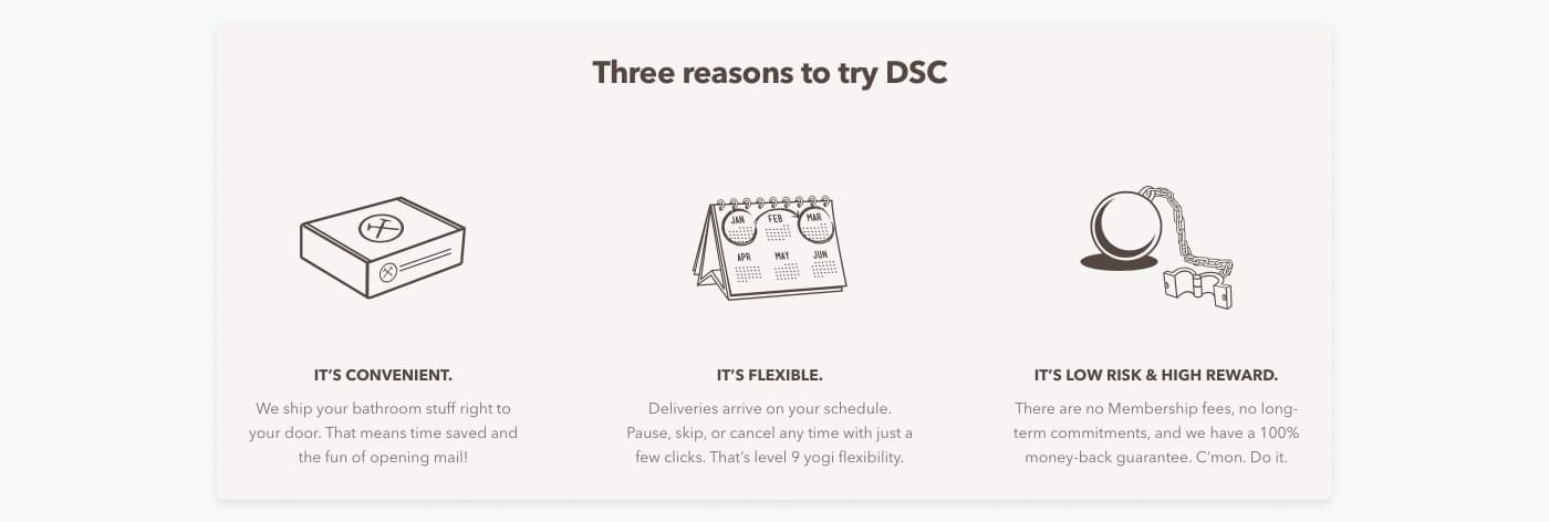 Screenshot from the website of Dollar Shave Club emphasising how easy their subscription is.