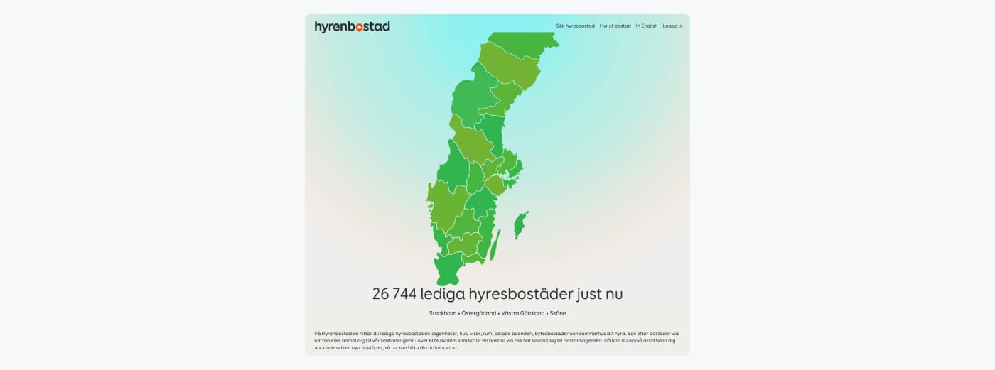 Kort, der viser Hyrenbostads ledige boliger i Sverige
