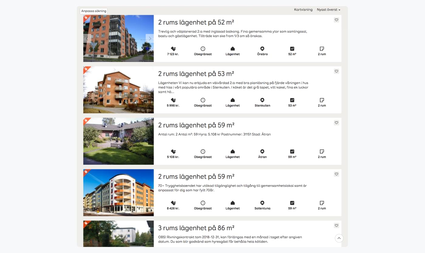 list of apartment postings on Hyrenbostads website