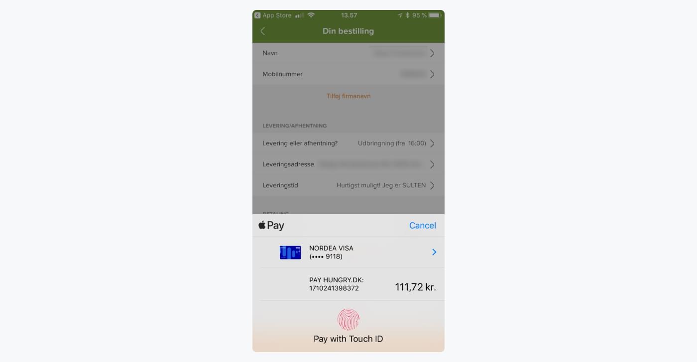 Screenshot af en Apple Pay betaling i Hungry's app
