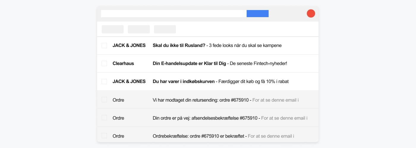 en email-indbakke med mails og emnelinjer