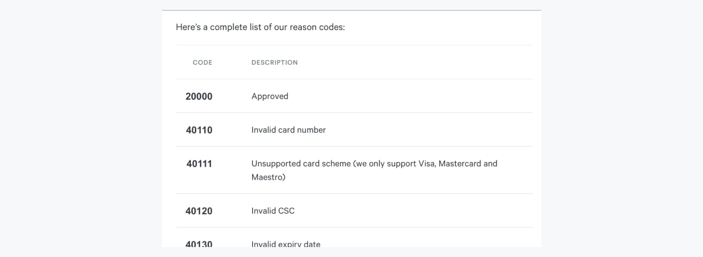 Extract from list of possible reason codes explaining why a transaction has failed.