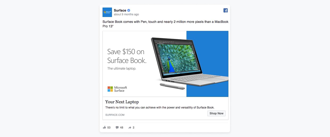 Facebookannonce fra Microsoft, hvor deres bruges friske blå farve til at skabe blikfang