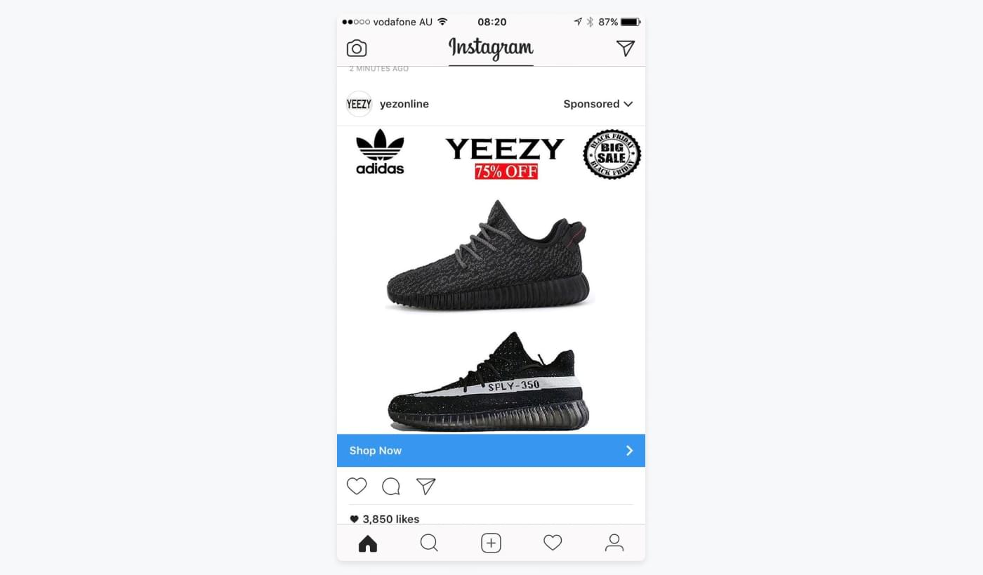 Instagramannonce fra Yeezy, hvor deres bruges Black Friday og rabatter til at fange opmærksomhed