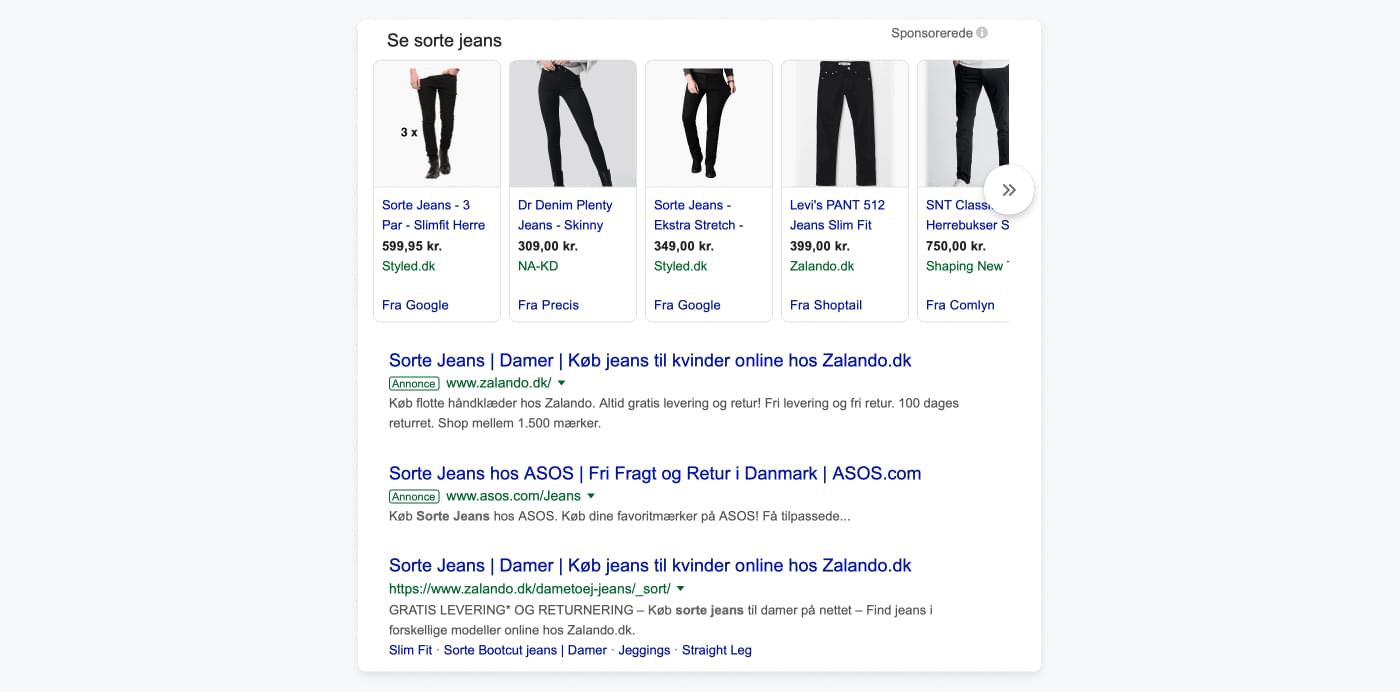 Screenshot af Googles søgeresultater på en søgning på sorte jeans