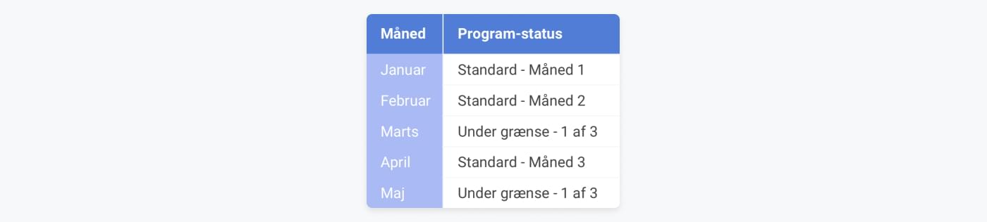 Eksempel af et programoversigt for en webshop, som kommer under grænsen i en måned for blot at overskride grænsen måneden efter